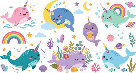 Obraz premium Cute Narwhal Unicorn Character Set with Rainbows Stars Moon and Undersea Elements for Kids Nursery Illustration and Creative Pattern Graphic Designs