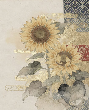Sunflower ひまわり 433 Watercolor Sunflowers on Elegant Japanese Background with Gold Leaf and Traditional Wave Patterns（和風背景に描かれた金箔と伝統的な波文様がある水彩のひまわり）