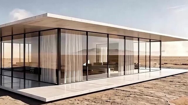 Modern glass villa standing in a sunny desert during a heatwave
