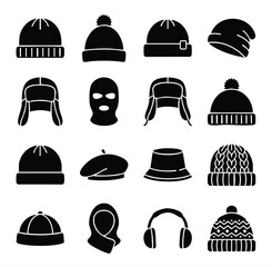 Diverse collection of winter hats and headwear silhouettes with headwear clothing accessory silhouette balaclava earmuffs covering collection isolated protection wintertime seasonal © Suriya