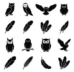 Fototapeta premium Collection of owl and feather silhouettes with silhouette wildlife nocturnal predator collection isolated illustration mysterious creature ornament decorative abstract predatory