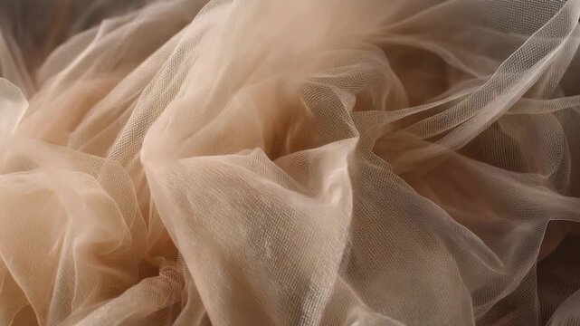 Soft beige tulle fabric forms graceful, flowing waves, offering a sense of lightness and sophistication. This abstract textile background is ideal for fashion, wedding, or creative visual concepts