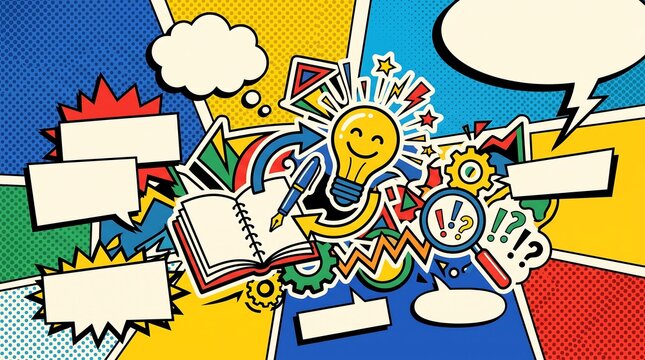 Creative Brainstorming Concept with Lightbulb and Notebook Surrounded by Empty Speech Bubbles in Retro Pop Art Style