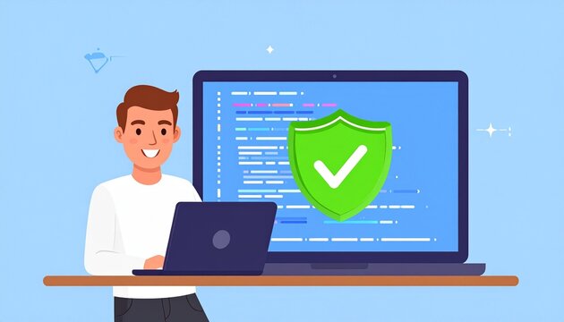 Enjoy Music While Code Compiling Successfully on Laptop Screen with Green Checkmark Shield Icon for Secure Software Development Process