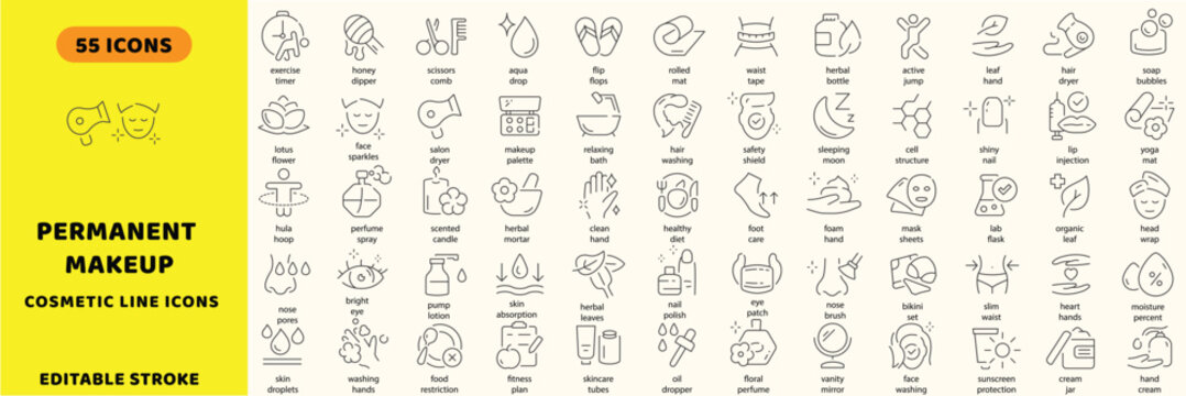 Permanent makeup and cosmetic line icons. Beauty salon procedures, skincare treatments, and wellness spa vector signs set. Salon dryer icon. Lip injection icon.