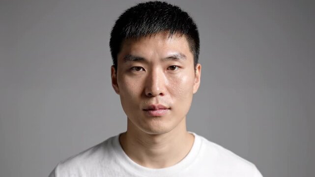 Serious young Asian man portrait on gray studio background, confident male looking at camera, natural lifestyle headshot with neutral expression