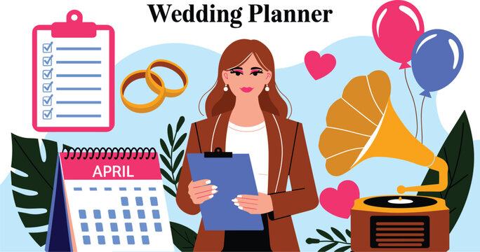 Female wedding planner organizing marriage events with calendar checklist rings gramophone music player and balloon decoration elements