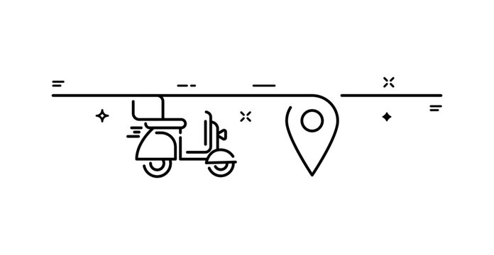 Courier Scooter Reaching GPS Location Pin one line illustration, Modern Delivery Tracking Concept, Minimal Outline Illustration for Logistics, Navigation, Transportation and Shipping Services
