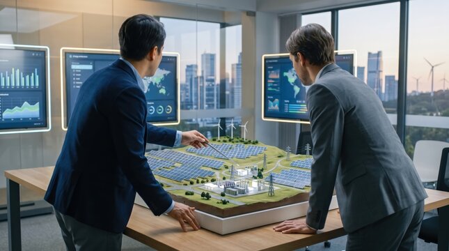 Two businessmen analyzing solar power plant model in modern office, sustainable energy concept, green technology planning, renewable resources strategy meeting