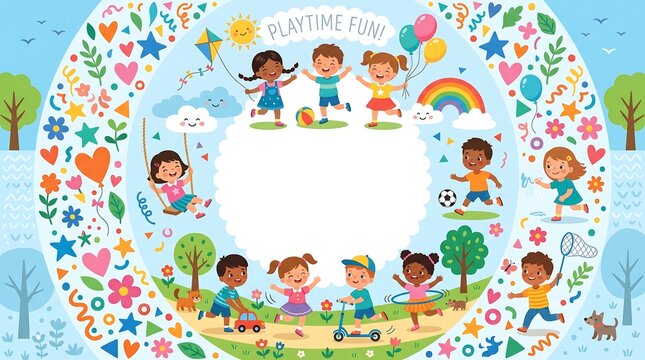 Colorful illustration of diverse kids enjoying outdoor playtime activities around a circular copy space for text