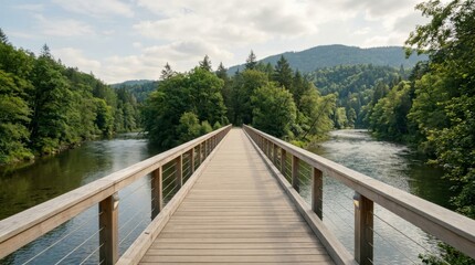 Obraz premium A serene wooden bridge spanning across a calm river surrounded by lush green forest.