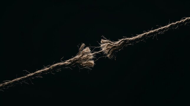 Macro shot of a fraying rope about to break isolated on black background.