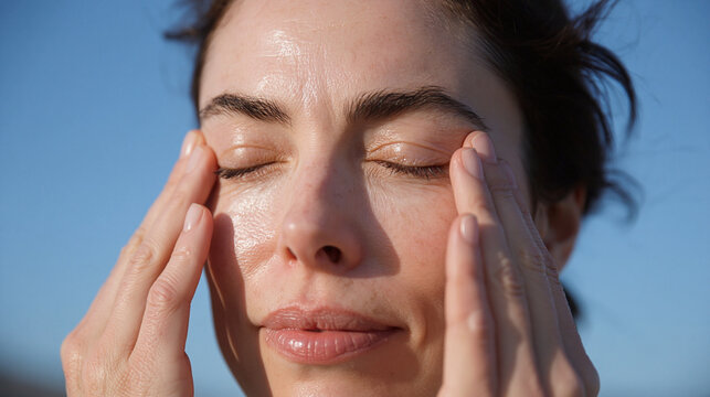 Young woman touching under eye area gently with closed eyes in soft sunlight, skincare routine, calm expression, smooth skin, natural beauty, self care