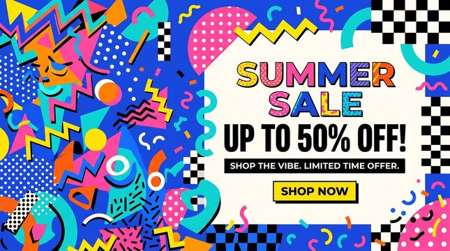 Vibrant summer sale promotion banner with abstract geometric patterns and bright colors, perfect for advertising seasonal discounts and special offers