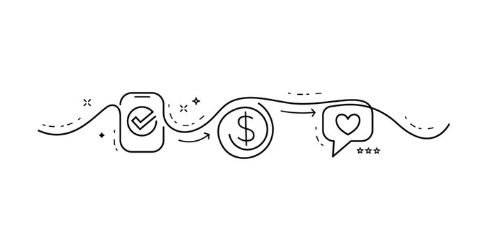Continues one line illustration of smartphone sucessful transaction and customer good feedback withh Smartphone with tick in iit, doller coin  and customer good feedback.
