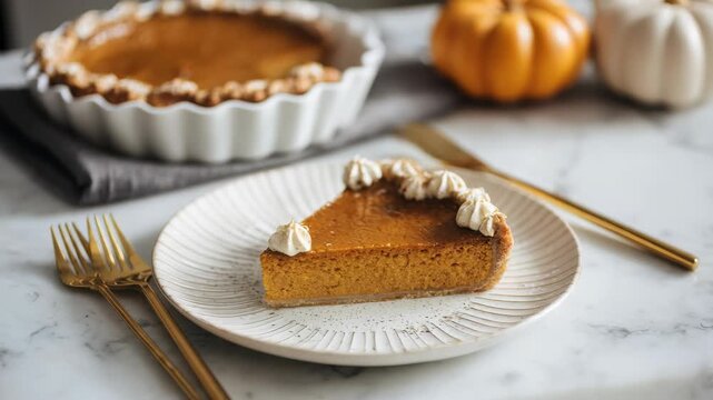 A delicious slice of homemade pumpkin pie sits on a white plate, garnished with whipped cream. The background features a whole pie and decorative pumpkins for a cozy autumn vibe