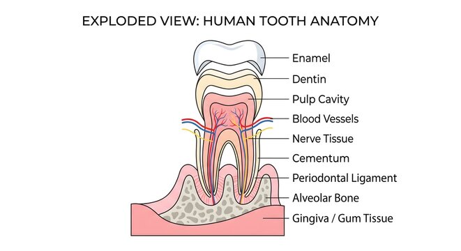 Exploded View Human Tooth Anatomy Diagram Showing Enamel, Dentin, Pulp Cavity, Blood Vessels, Nerves, and Gum Tissue