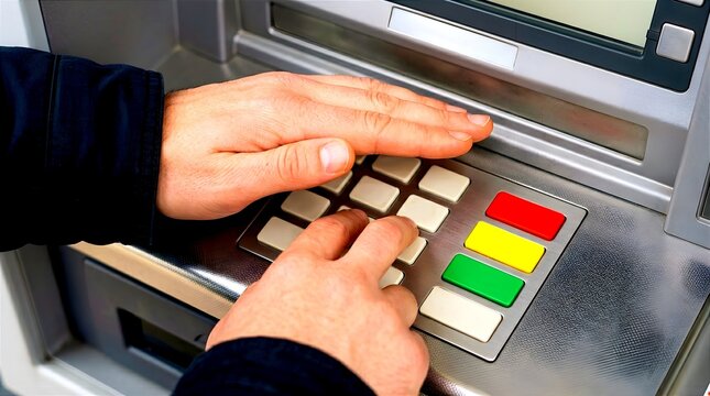 Close-up of hands covering the metallic keypad while entering a secret PIN code at an automated teller machine, showcasing secure banking practices and financial data safety.