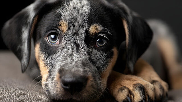Adorable Catahoula Leopard Dog Puppy With Striking Blue Eyes Portrait Close Up