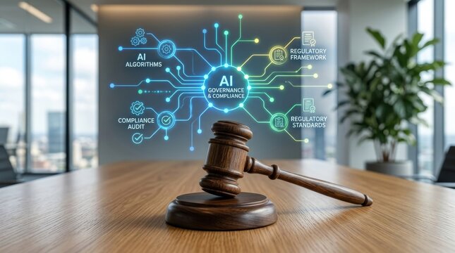 Wooden gavel on table in modern office with judge digital legal technology icons