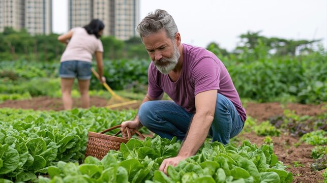 Farming and harvesting fresh organic vegetables with people at a community farm