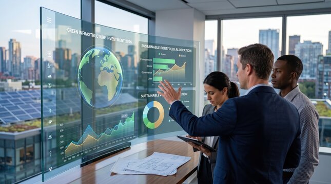 Diverse business team discussing green infrastructure investment on transparent holographic screen, sustainable portfolio allocation charts, earth globe graphic