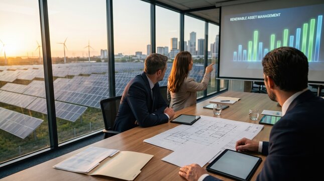 Team meeting discussing renewable asset management with solar and wind farm view through window for energy sector investment analysis