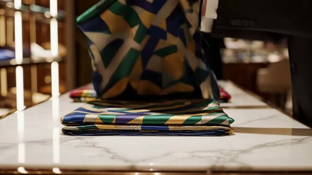 Luxury Silk Scarf Display in a Boutique: Folding Colorful Textile Accessories on Marble Counter