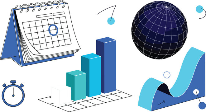 Business analytics data graphics pack with growth bar chart financial calendar isometric global sphere and deadline stopwatch