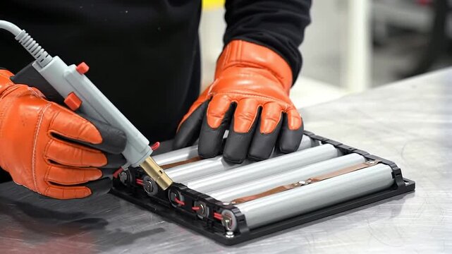 Macro Close-Up Of Hands In Thick Orange Insulated Safety Gloves Operating A Precision Tool On A Mechanical Device In An Industrial Setting
