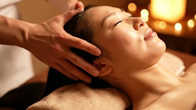 Macro Close-Up of Therapist?s Hands Gently Pressing on Neck and Scalp During Calming Massage Session with Soothing Ambiance