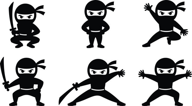 Chibi ninja cartoon character silhouettes set holding swords and performing dynamic martial arts action poses