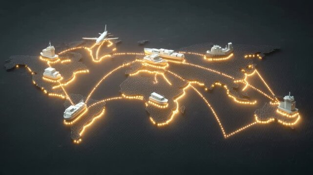 Global logistics and transport network represented by illuminated lines connecting various cargo ship, airplane, and delivery vehicle icons on a textured world map background