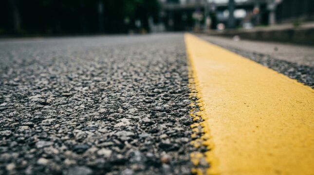 Low angle view of an asphalt road surface with a bright yellow lane marking.