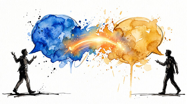 Blue amber watercolor ink figures with speech bubbles connected by bridge, representing diversity cross-cultural communication, translation, inclusion and bridging difference concept