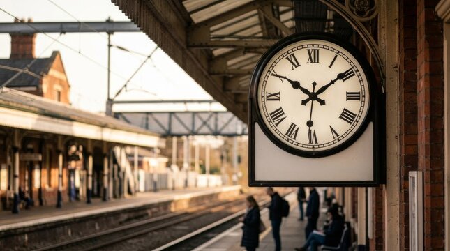 Vintage clock at a quiet British railway station platform.