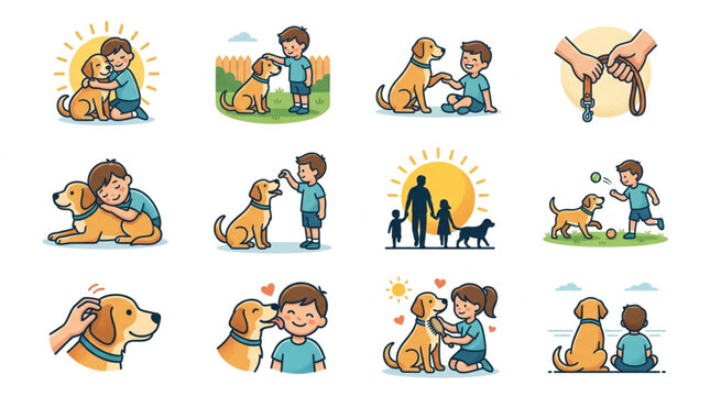 Collection of heartwarming illustrations depicting children and dogs interacting in various joyful scenes.