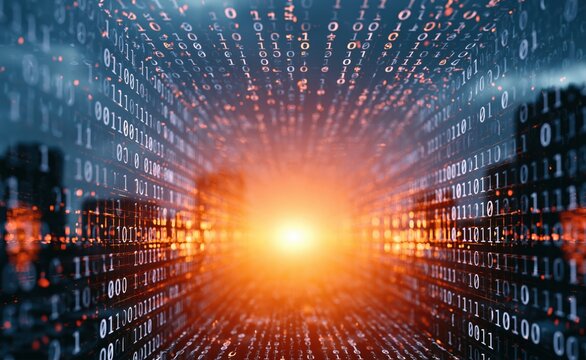 Binary code digital tunnel with glowing data stream representing cyber technology
