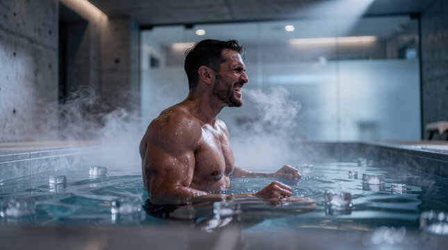 A muscular man endures cold therapy in an ice bath, showing intense focus and determination in a modern indoor setting.
