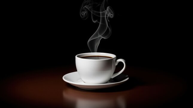 A steaming cup of black coffee sits on a white saucer against a dark background, with delicate swirls of steam rising upwards.