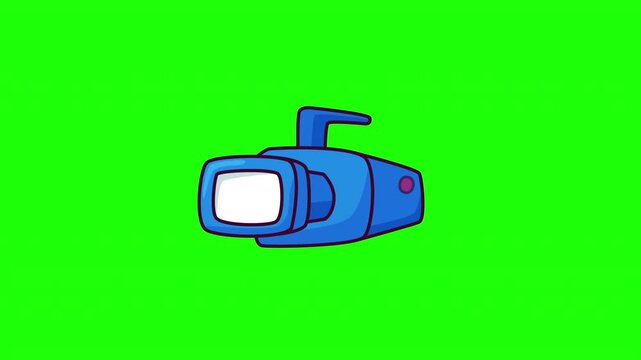 Animated video camera icon with blinking red recording light, flat doodle style, green screen and white background versions, portrait video