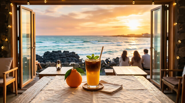 Iced Jeju Hallabong americano coffee and a fresh Hallabong orange on a wooden table with ocean sunset view from open cafe door in Jeju.	 