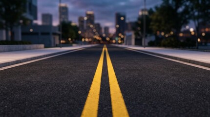 Obraz premium Empty asphalt road leading into a modern city skyline at dusk.