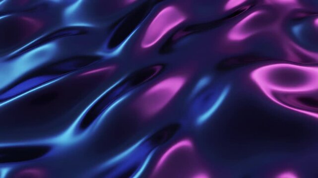 Glossy liquid metal ripples with dark holographic indigo and violet gradient reflection