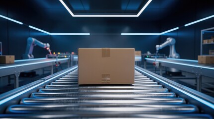 A modern automated warehouse with a cardboard box on a conveyor belt, robotic arms in the background, and blue-toned lighting emphasizing technology and efficiency. © TransPicHub