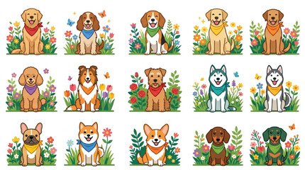 Collection of cute cartoon dogs in various breeds and colors surrounded by flowers and butterflies. © Tem