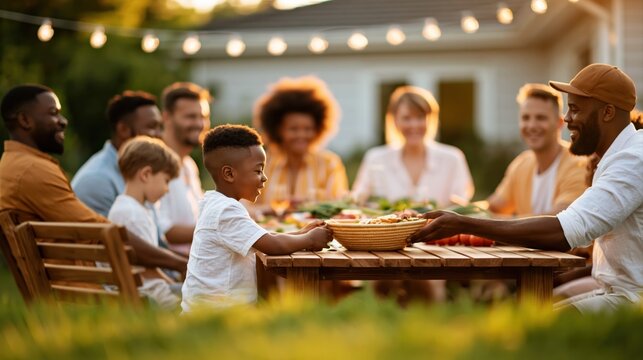 Family and friends eating dinner together at a diverse outdoor garden party sunset