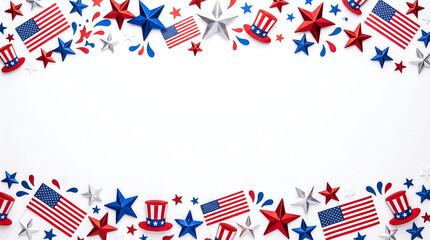 Fototapeta premium Patriotic border with american flags and stars on white background for independence day
