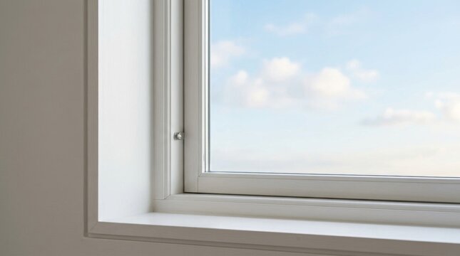 Modern white window frame overlooking a bright blue sky.