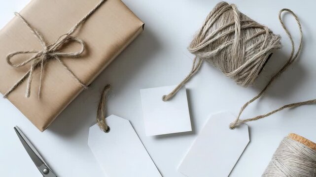 A flat lay of gift wrapping supplies features blank paper tags, natural twine, scissors, and a brown paper package. Ideal for festive occasions, handmade gifts, and personalized packaging ideas